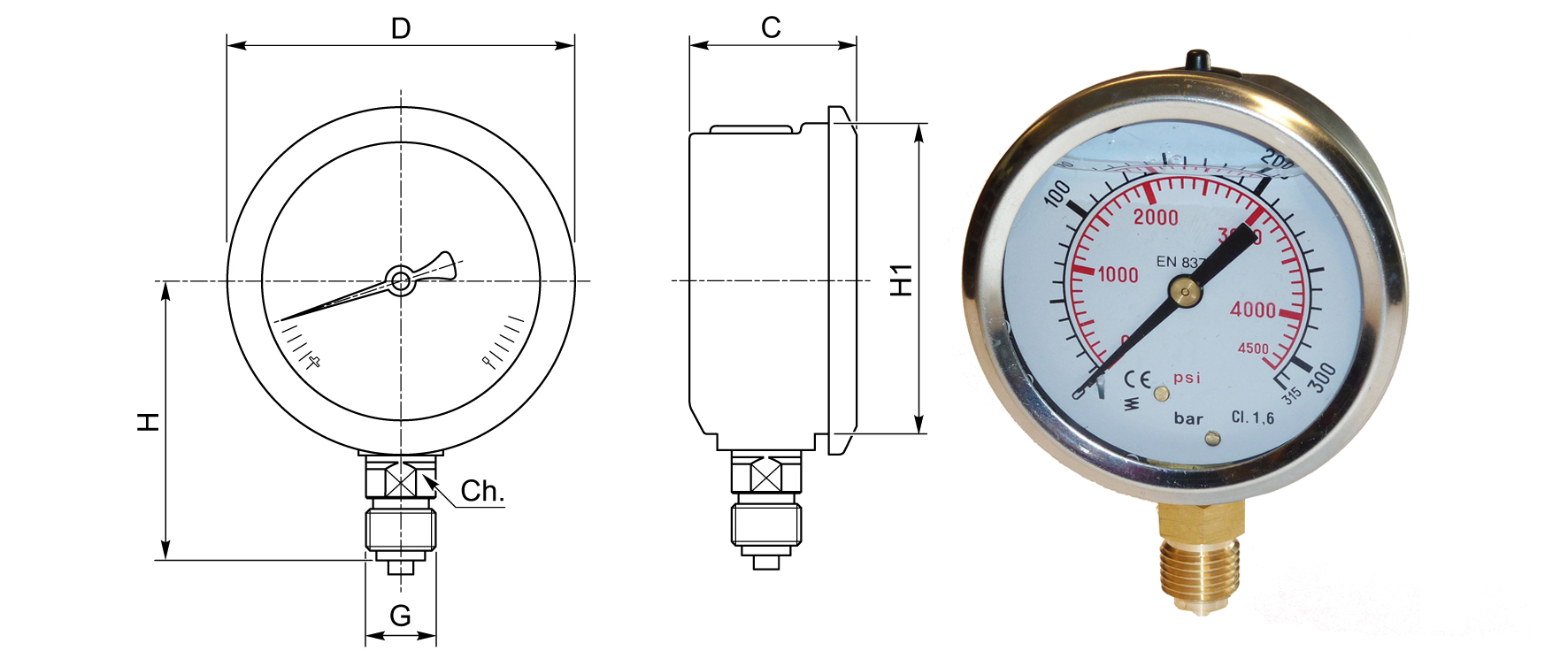Pressure gauge case Ø 63 mm M63O - G 1/4 BSP